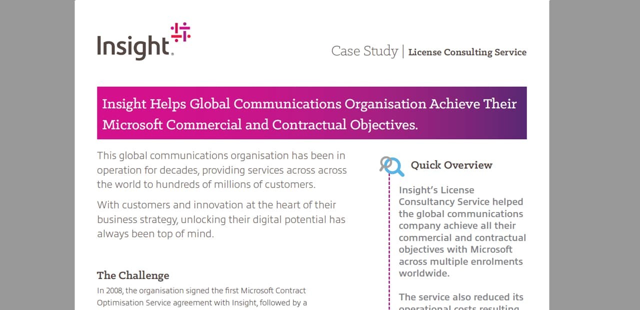Article Insight Helps Global Communications Organisation Achieve Their Microsoft Commercial and Contractual Objectives Image